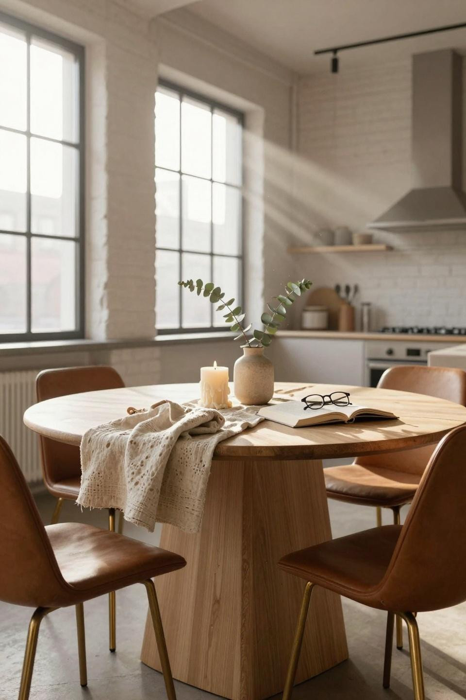 Kitchen table ideas - honey oak pedestal table with leather chairs