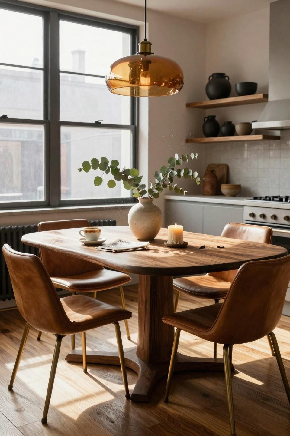 Kitchen table ideas - live edge walnut table with cognac leather chairs