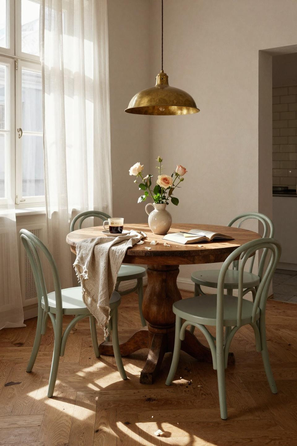 Kitchen table ideas - reclaimed wood table with sage green vintage chairs