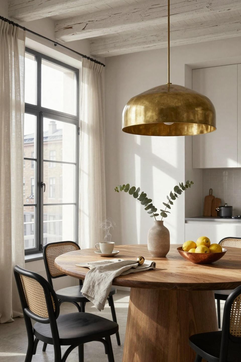 Kitchen table ideas - oak table with black cane chairs in loft