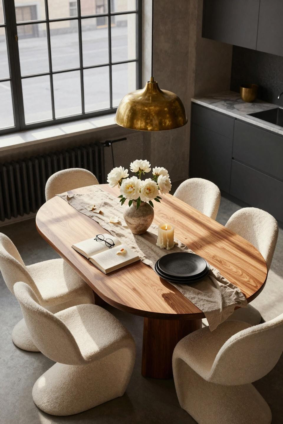 Kitchen table ideas - large round walnut table with ivory bouclé chairs