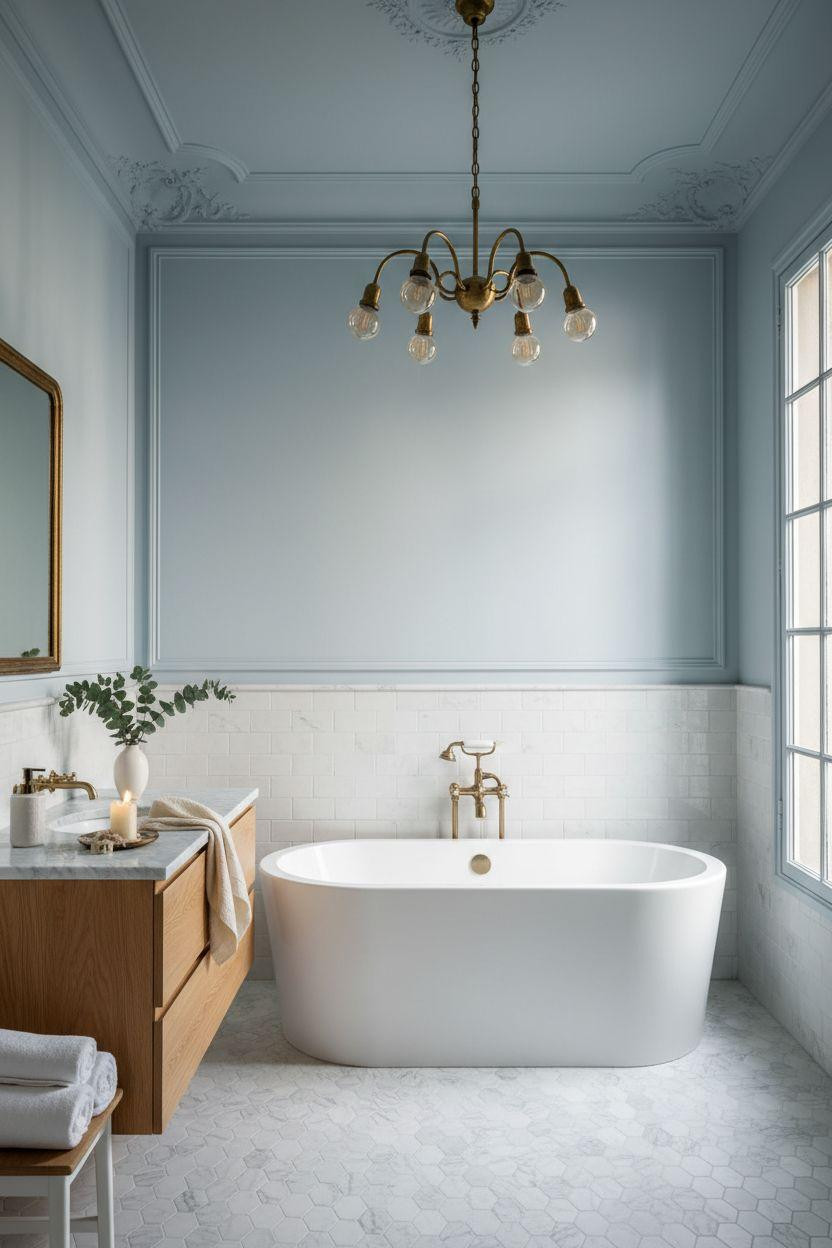 blue bathroom with soft powder blue walls and vintage brass chandelier