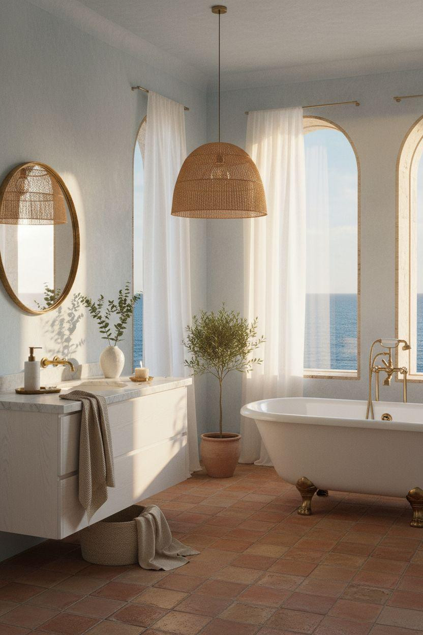 blue bathroom with pale blue plaster walls and large rattan pendant light