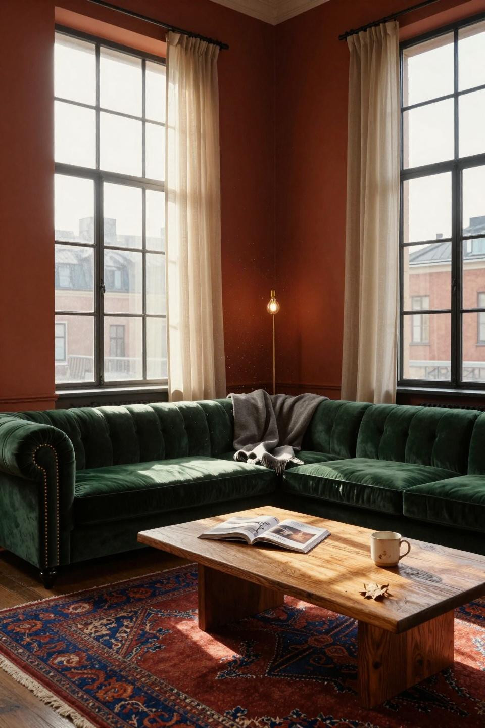 Living room paint color ideas with rich burnt terracotta and deep forest green