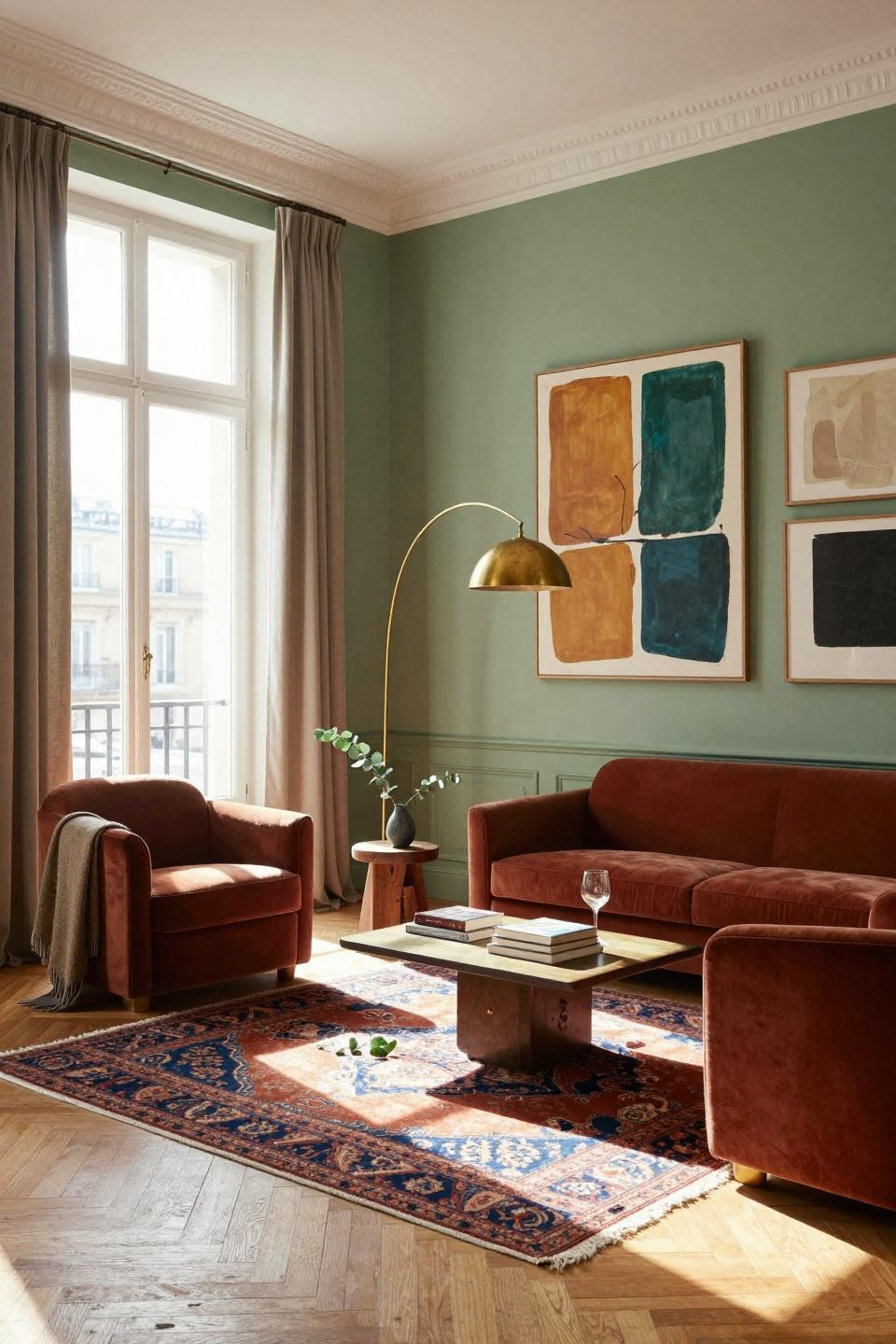Living room paint color ideas featuring sage green walls with terracotta accents