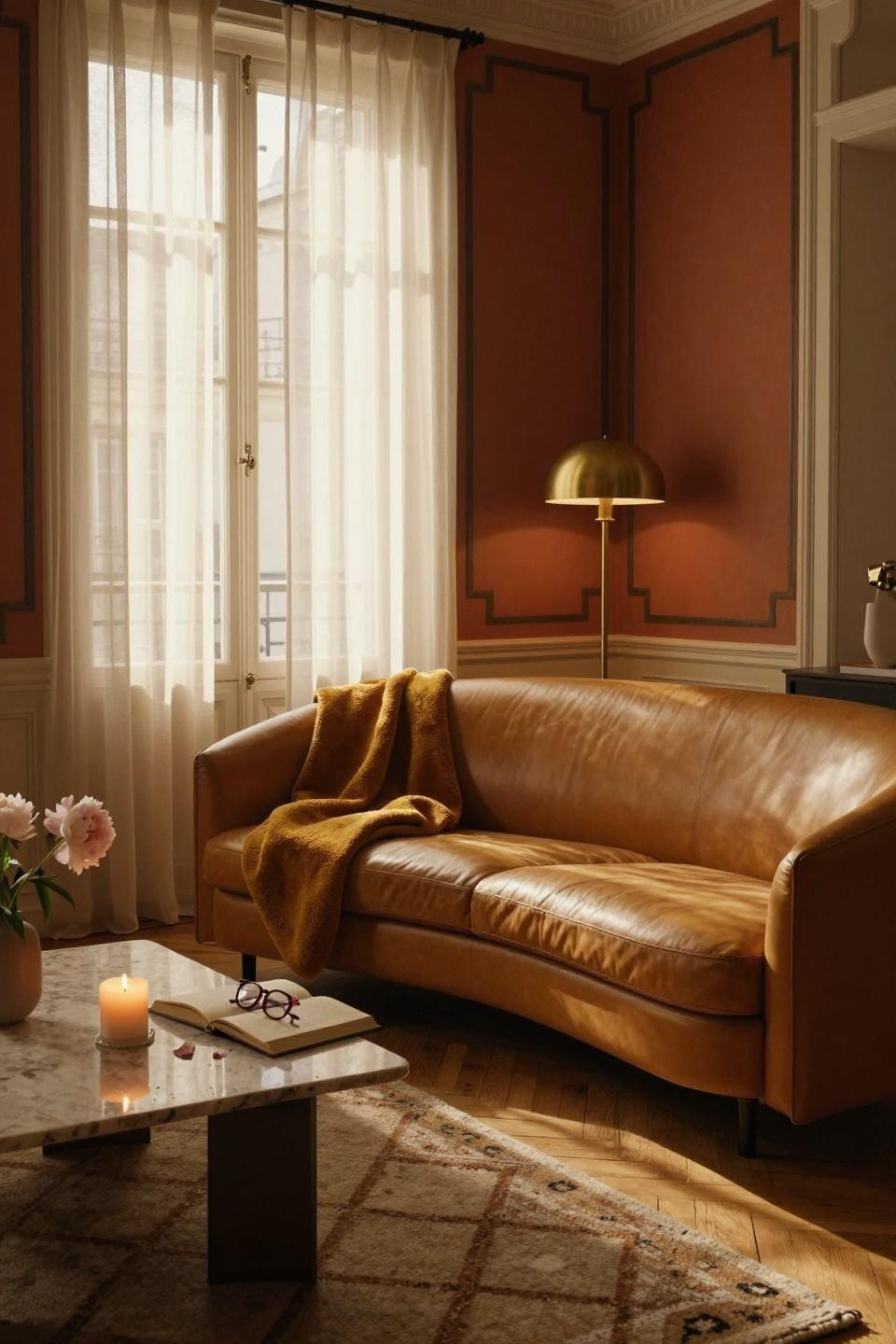 Living room paint color ideas showcasing terracotta walls with ivory architectural trim