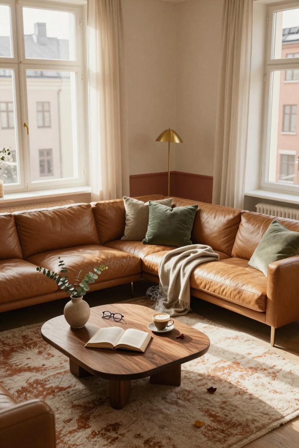 Living room paint color ideas featuring creamy ivory with terracotta accent wall