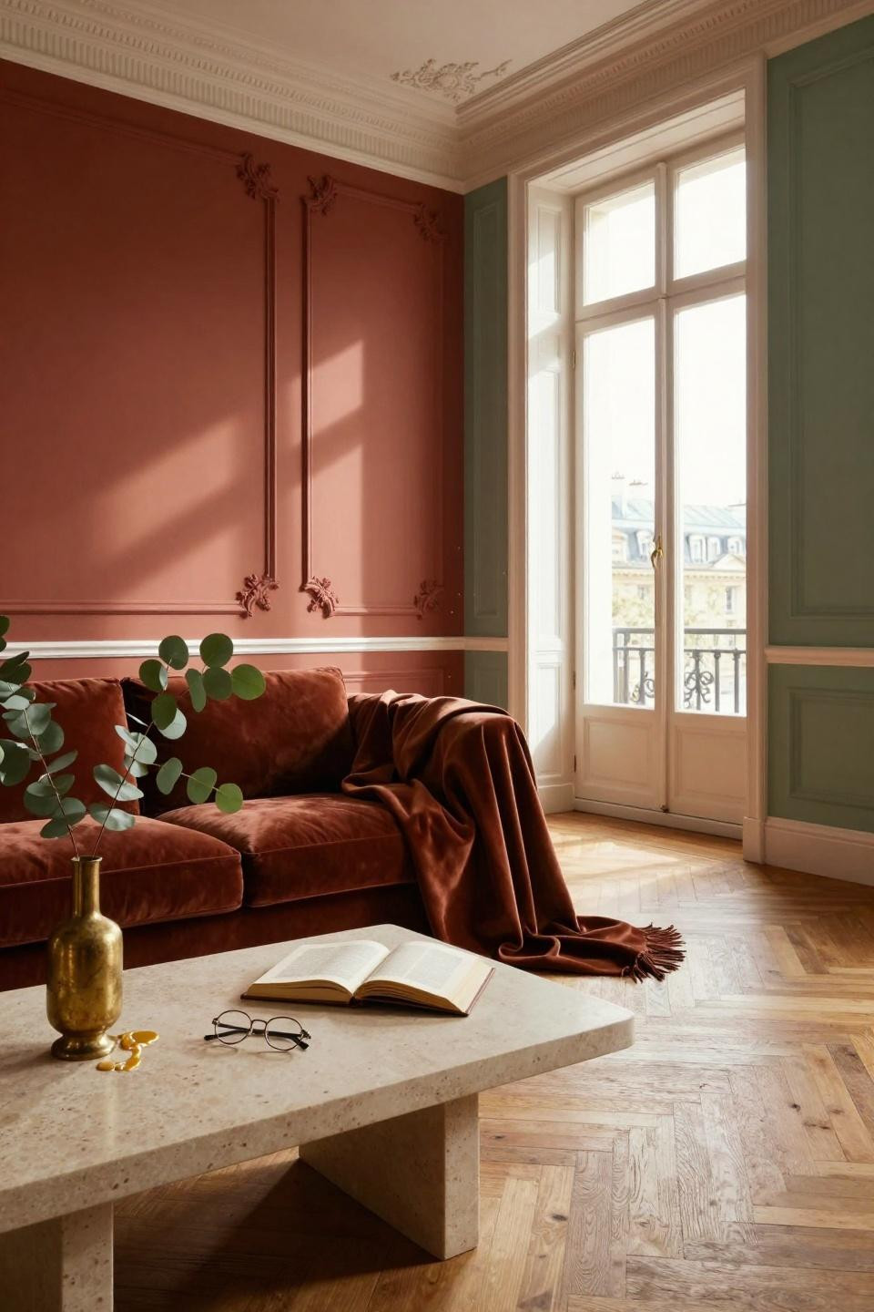 Living room paint color ideas with terracotta, sage green, and ivory combination