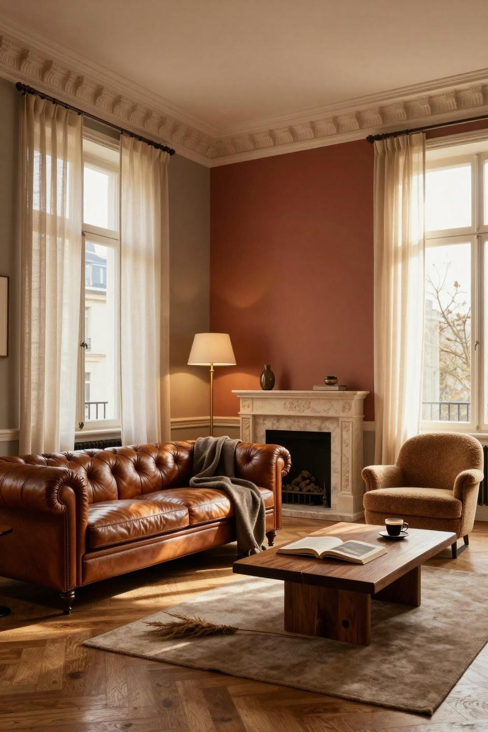 Living room paint color ideas featuring terracotta and greige walls