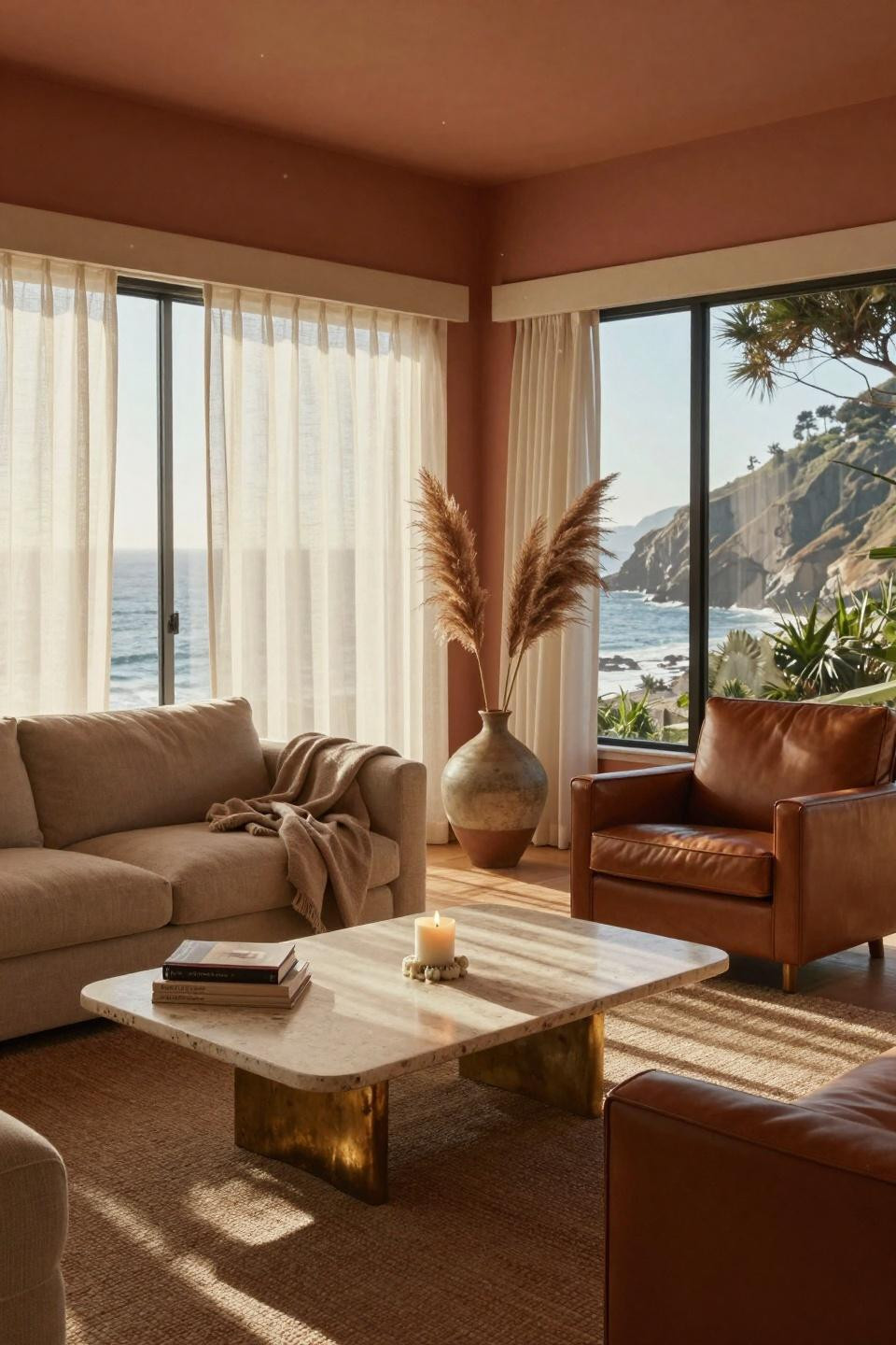 Living room paint color ideas with soft clay terracotta and warm ivory tones