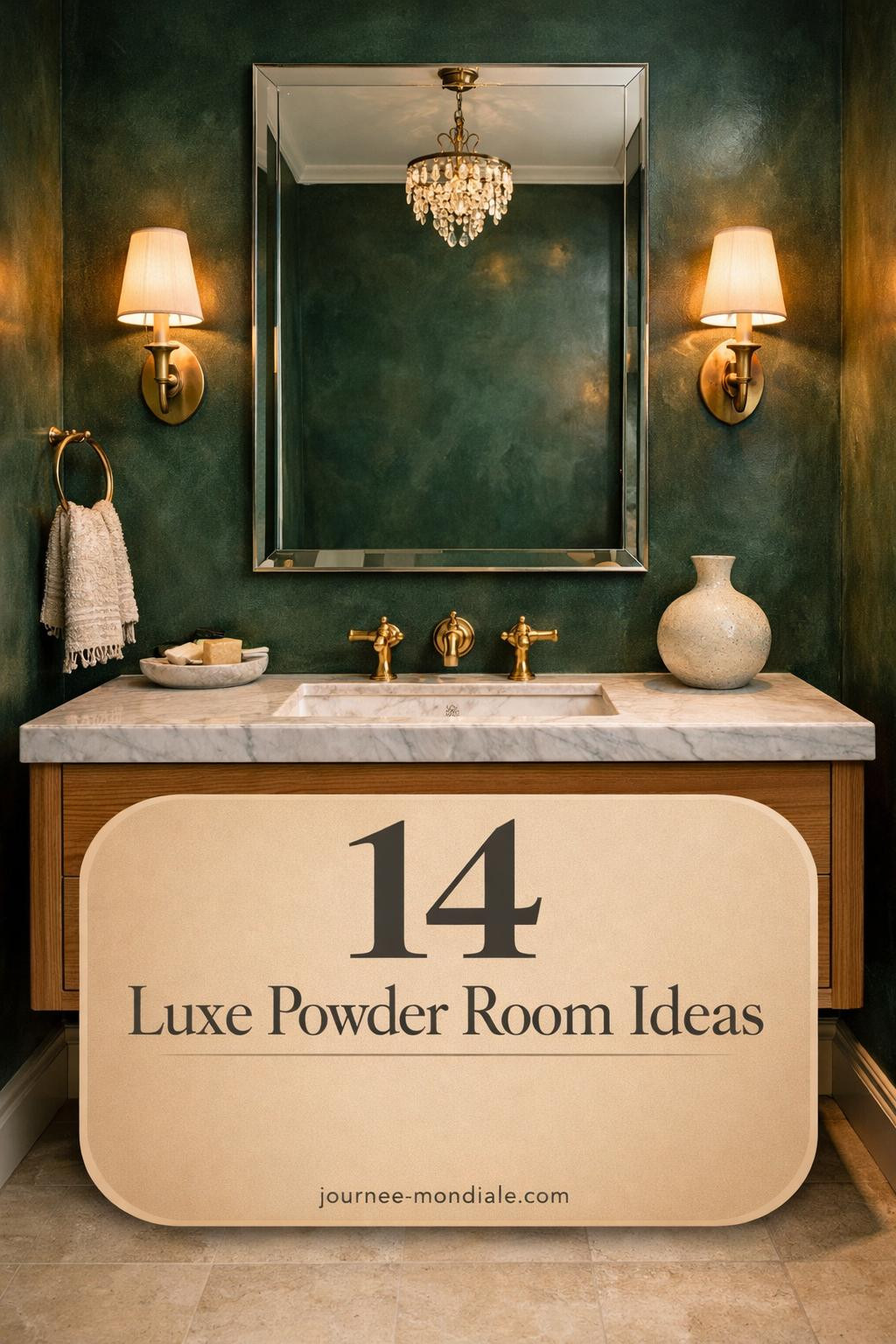 Elegant powder bathroom with deep forest green Venetian plaster walls, white oak floating vanity, Carrara marble, brass fixtures