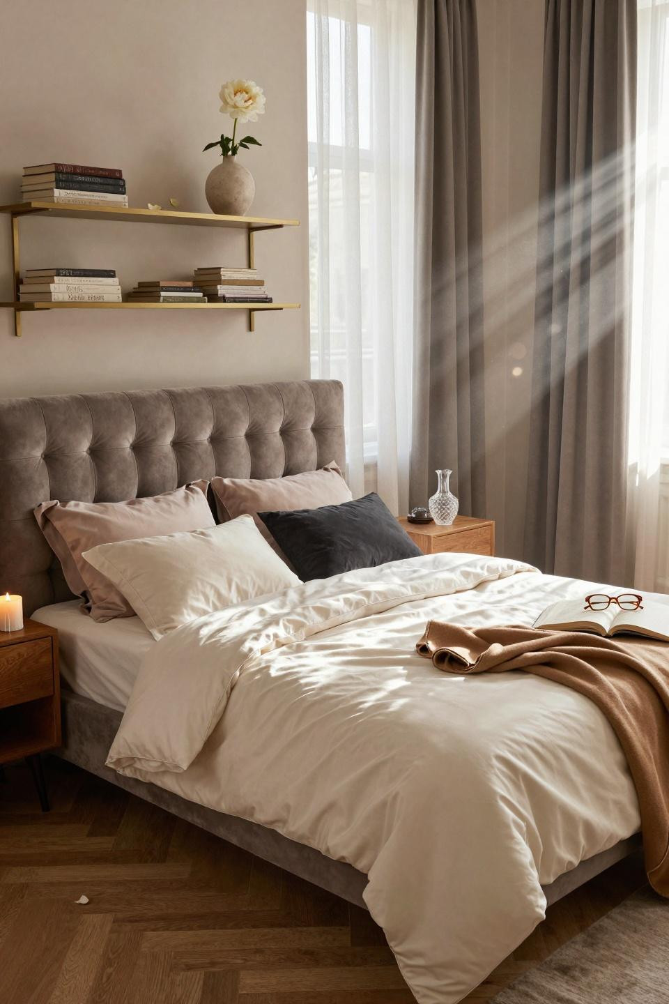 Luxurious bedrooms master romantic featuring tufted headboard and floating shelves