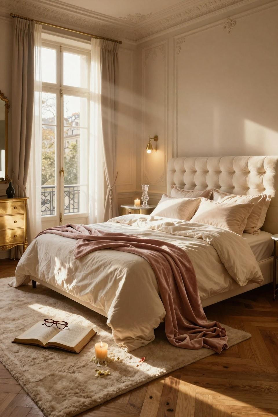 Luxurious bedrooms master romantic featuring tufted bouclé and brass lighting