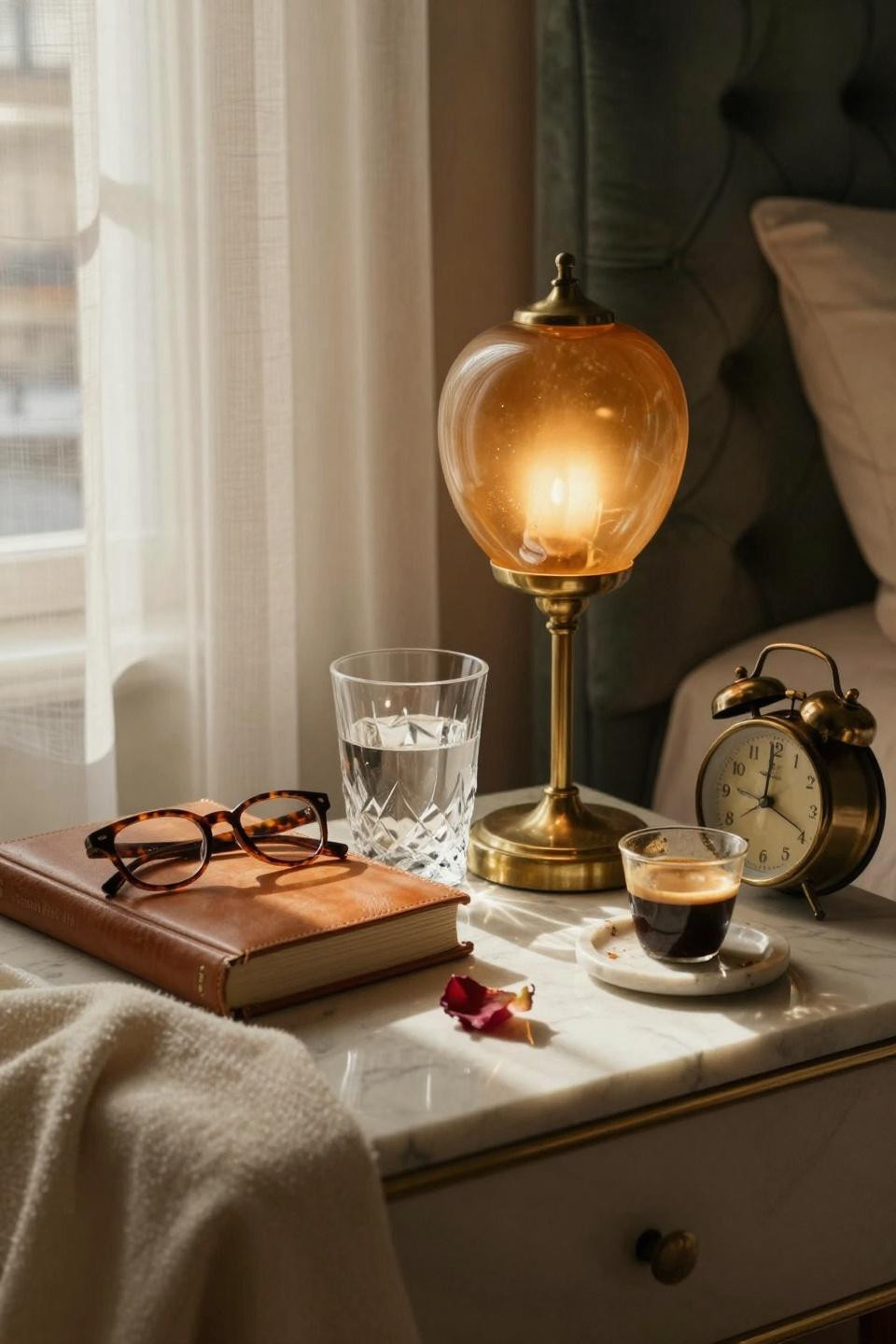 Luxurious bedrooms master romantic nightstand styling closeup