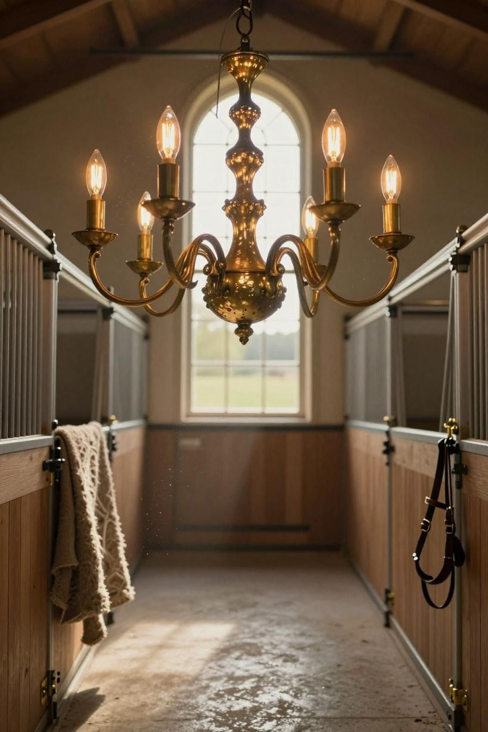Luxury Horse Stables - brass chandelier detail