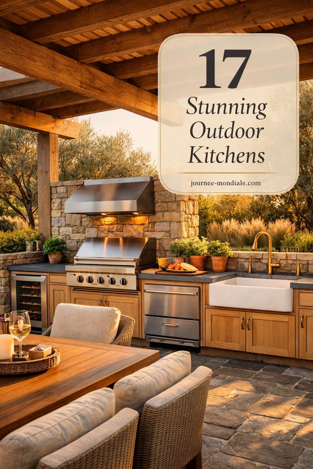 Covered outdoor kitchen featuring stainless steel grill, honed bluestone countertops, white oak cabinets, cedar pergola beams, teak dining area, and herb garden