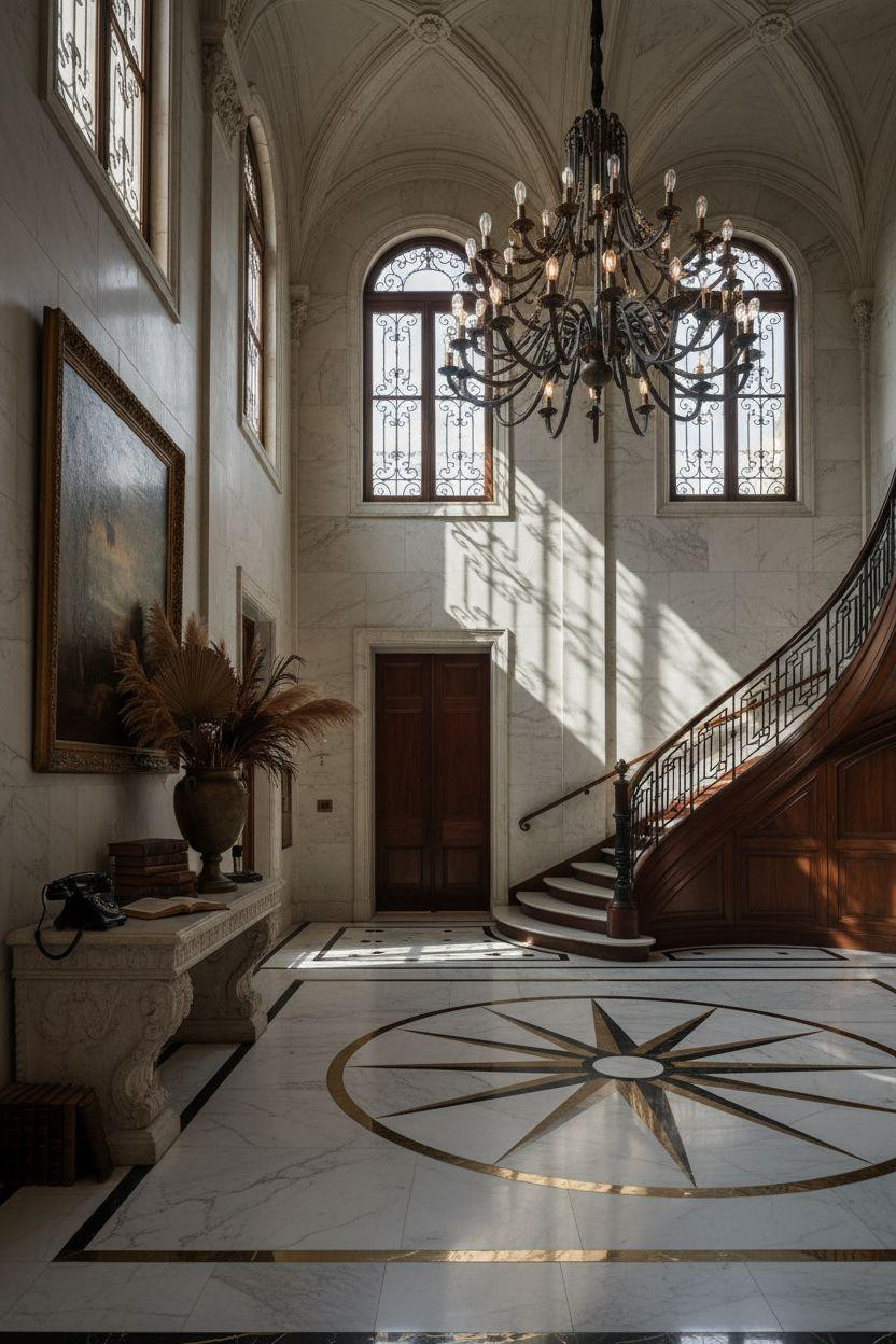 Mansion aesthetic dramatic foyer with geometric floor