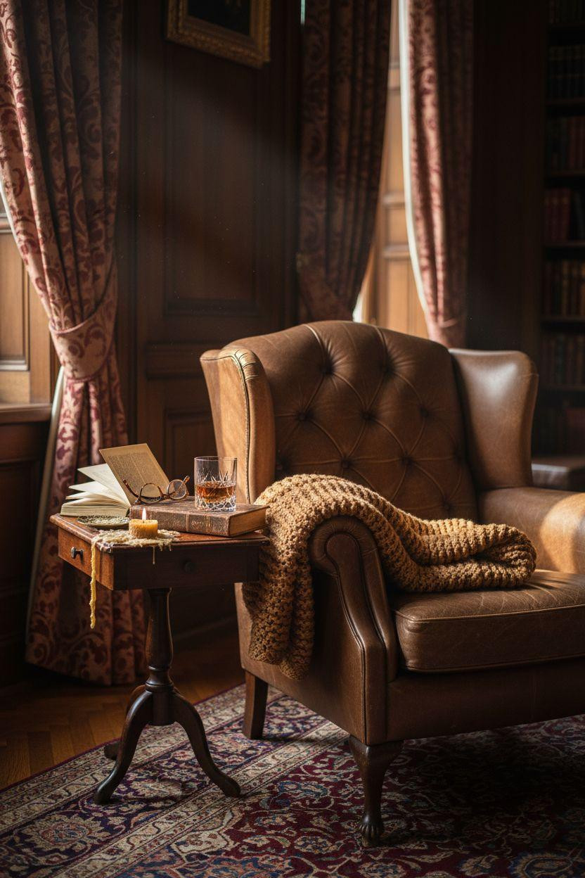 Mansion aesthetic library detail with leather chair