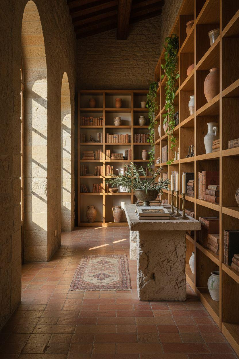 Mansion aesthetic Tuscan hallway with open shelving