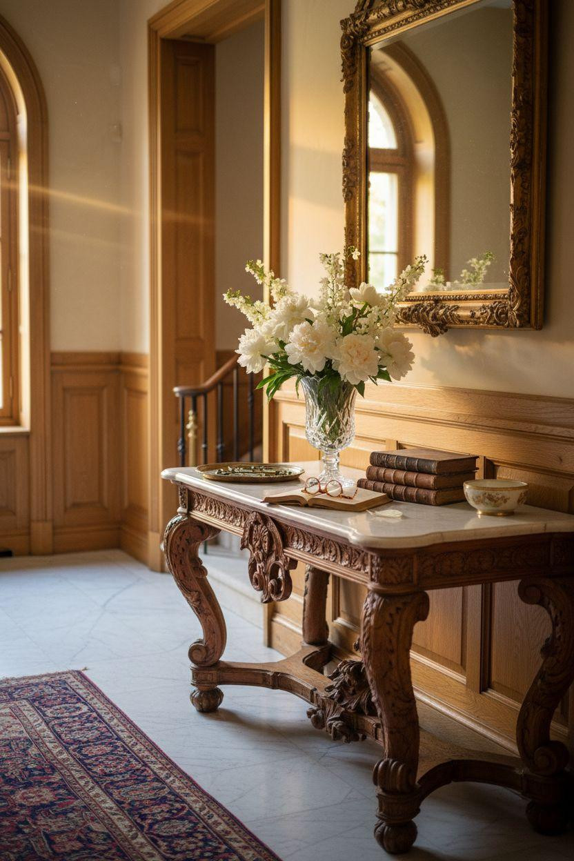 Mansion aesthetic carved console table with floral arrangement