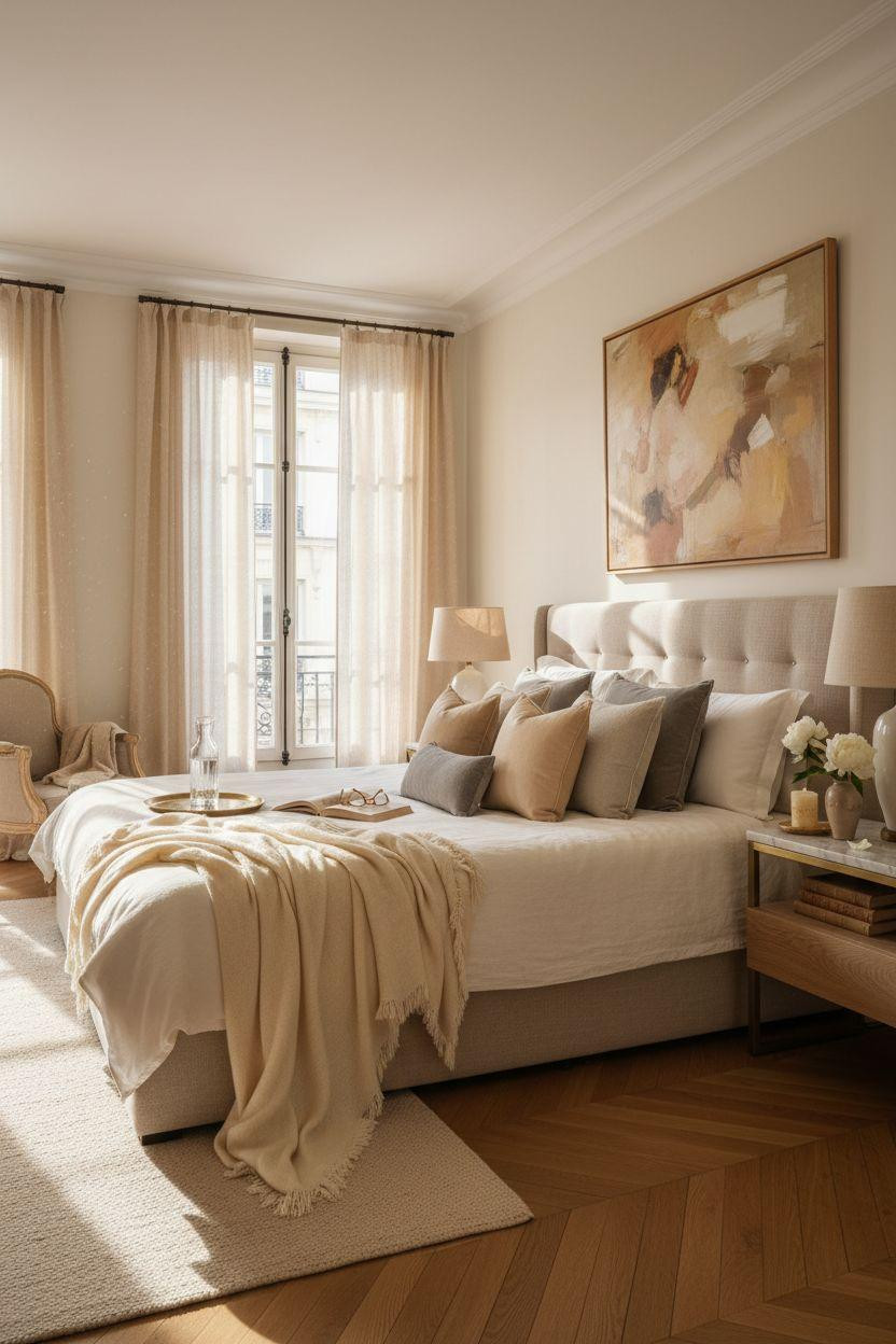 Master Bedrooms Decor - Elegant Parisian bedroom with herringbone floors