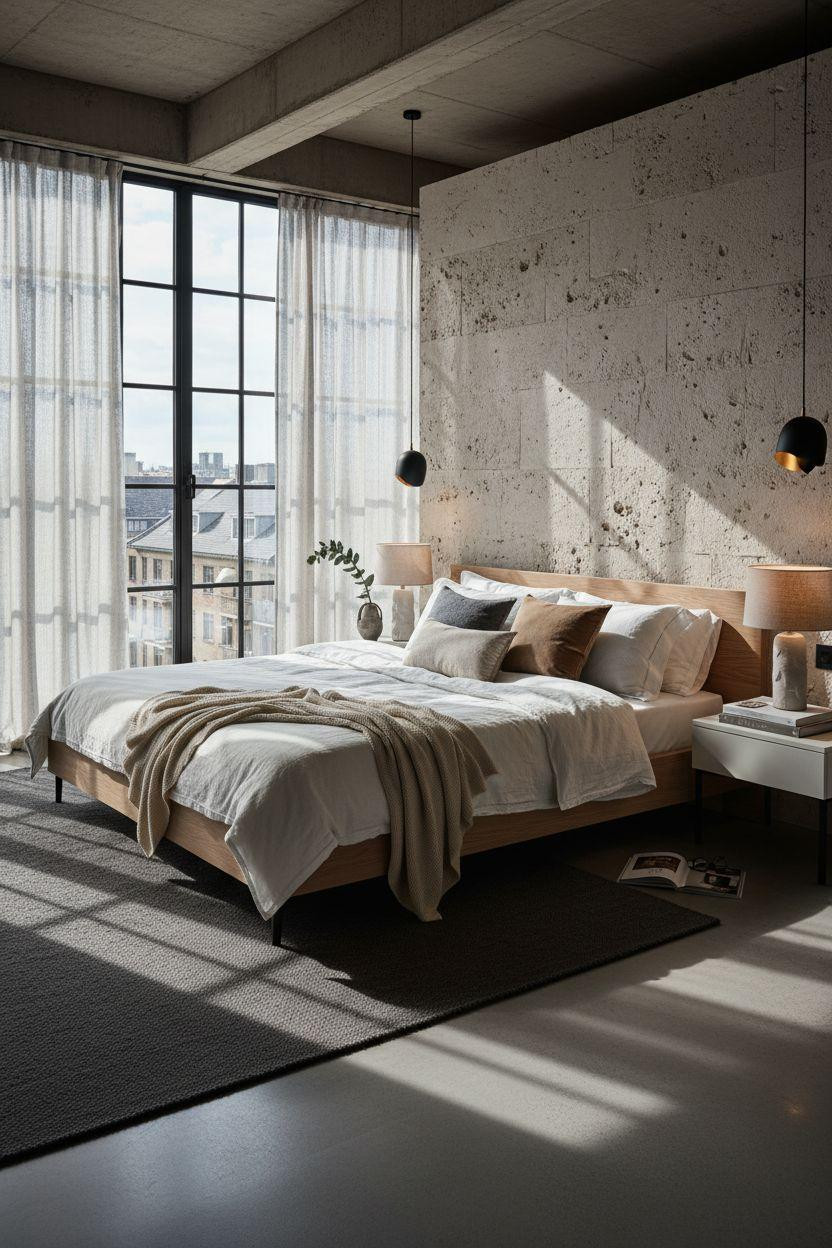 Master Bedrooms Decor - Moody bedroom with concrete beams