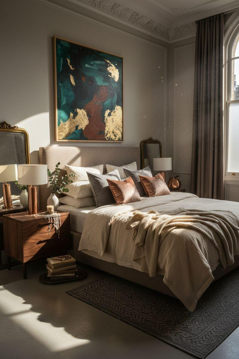 Master Bedrooms Decor - Eclectic bedroom with rose gold accents