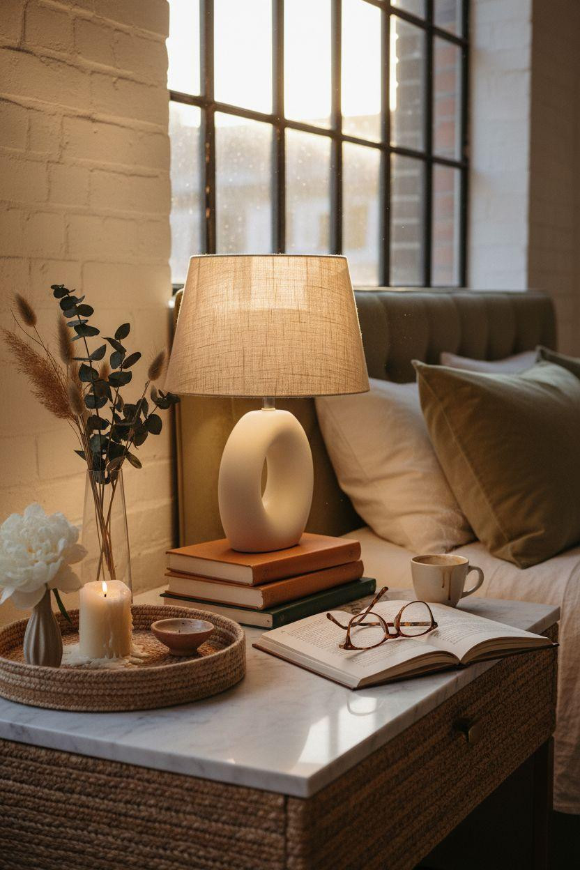 Master Bedrooms Decor - Styled marble nightstand corner