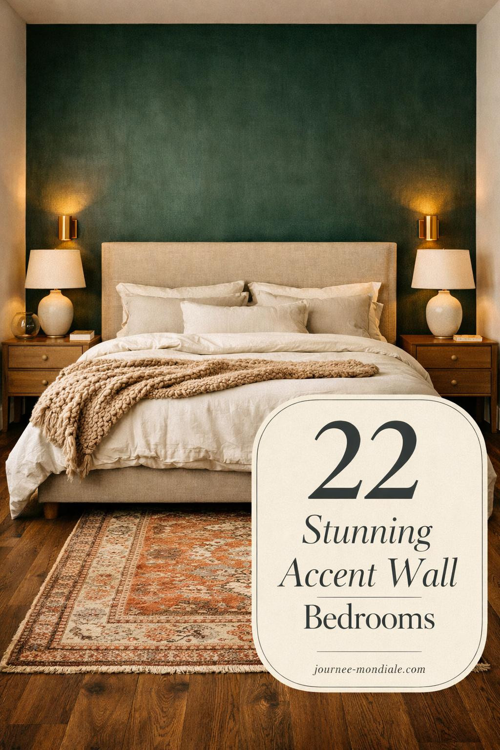 Sophisticated master bedroom with forest green painted plaster accent wall, Belgian linen headboard, ivory bedding, brass sconces, and walnut floors