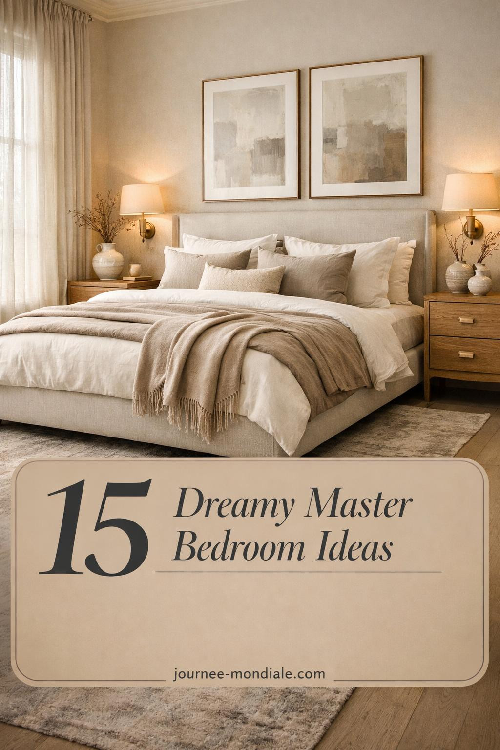 Sophisticated master bedroom featuring king-sized linen bed, warm oak nightstands, brass sconces, Belgian linen drapes, cashmere throw, and calming neutral palette