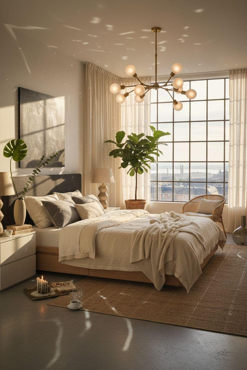 Master Bedrooms Decor - Dramatic bedroom with sculptural brass lighting