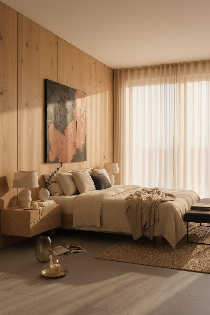 Master Bedrooms Decor - Scandinavian bedroom with oak accent wall
