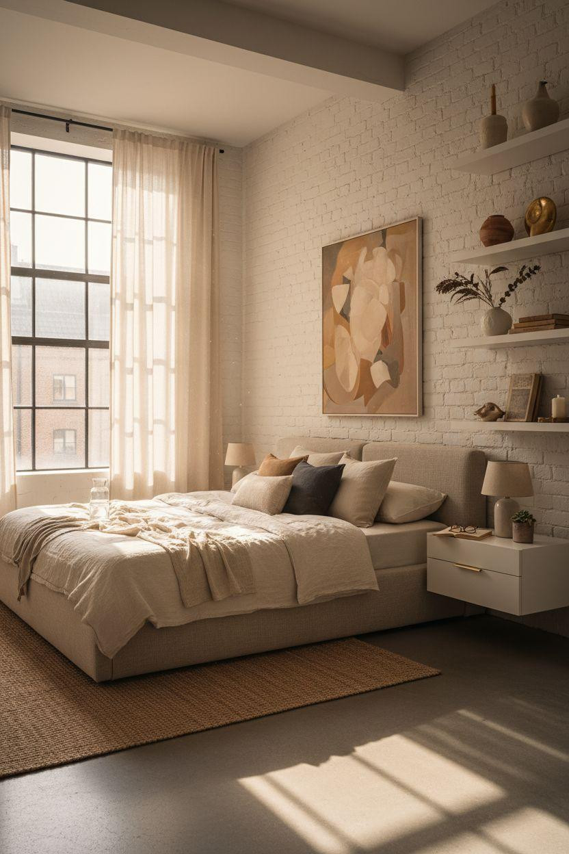 Master Bedrooms Decor - Minimalist bedroom with floating shelves