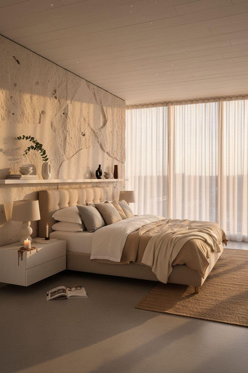 Master Bedrooms Decor - Modern bedroom with white oak and limestone