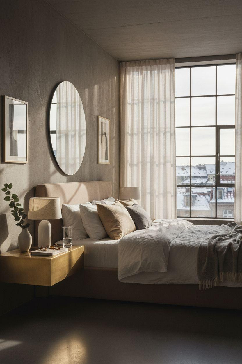 Master Bedrooms Decor - Refined bedroom with brass mirror