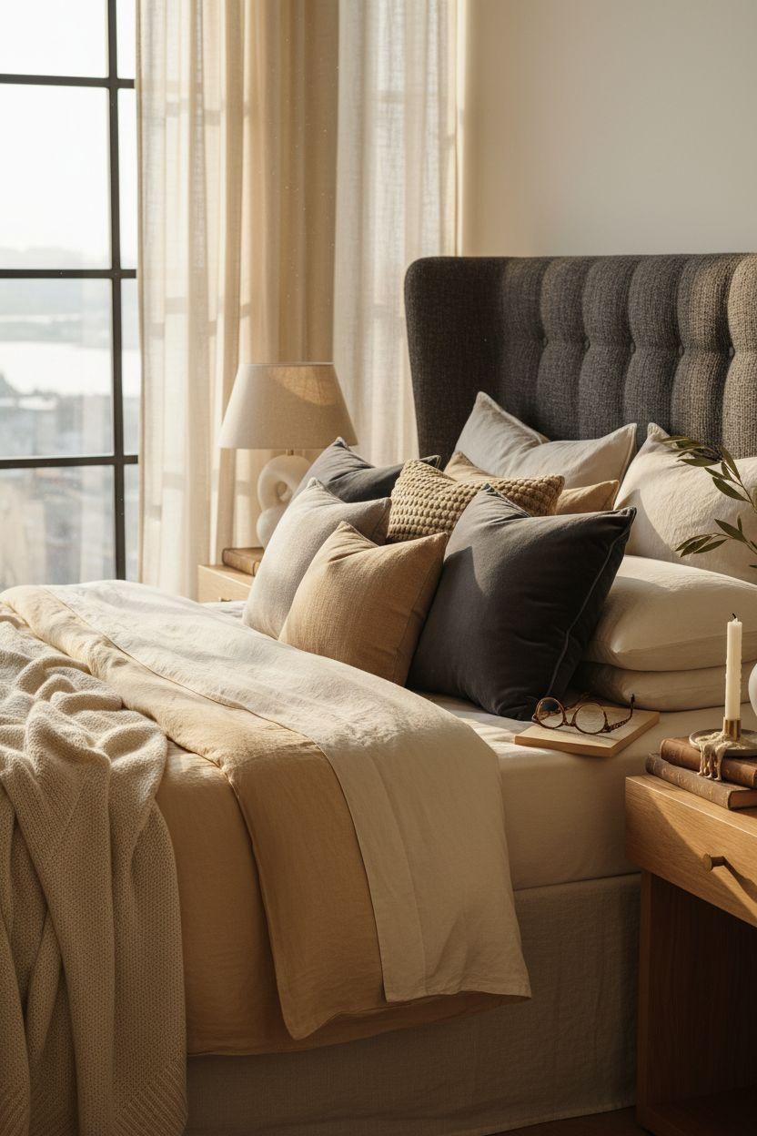 Master Bedrooms Decor - Luxurious bedroom with bouclé textures