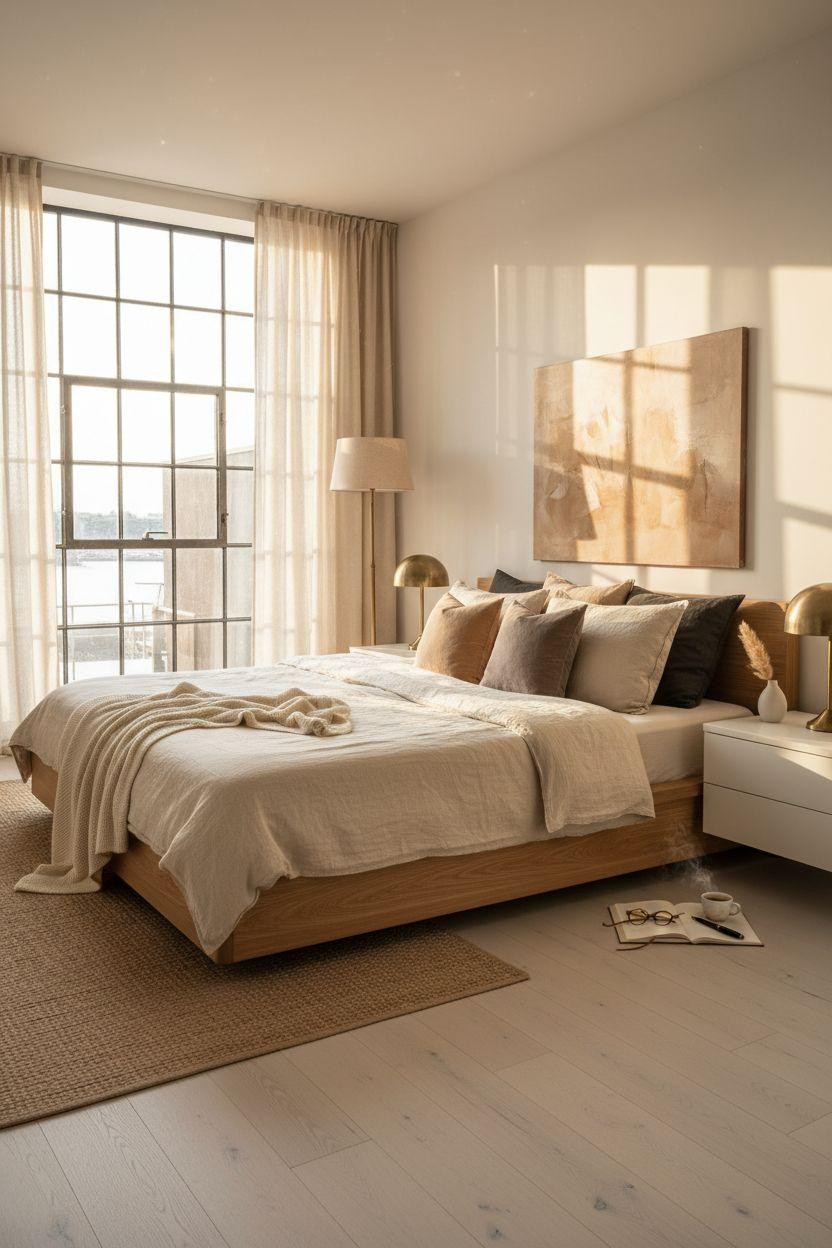 Master Bedrooms Decor - Scandinavian bedroom with warm brass