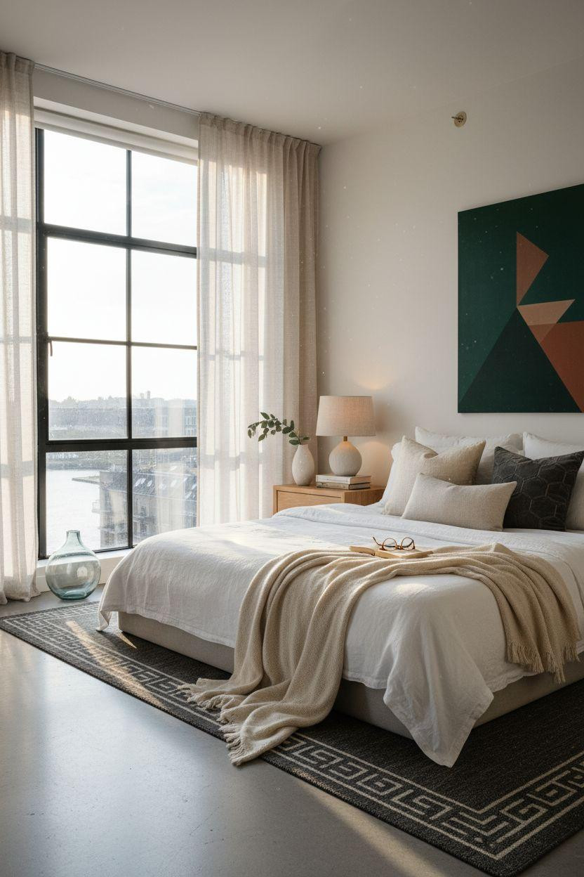 Master Bedrooms Decor - Minimalist bedroom with geometric art