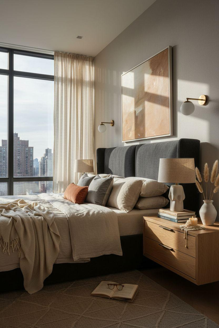 Master Bedrooms Decor - Sophisticated bedroom with charcoal bouclé