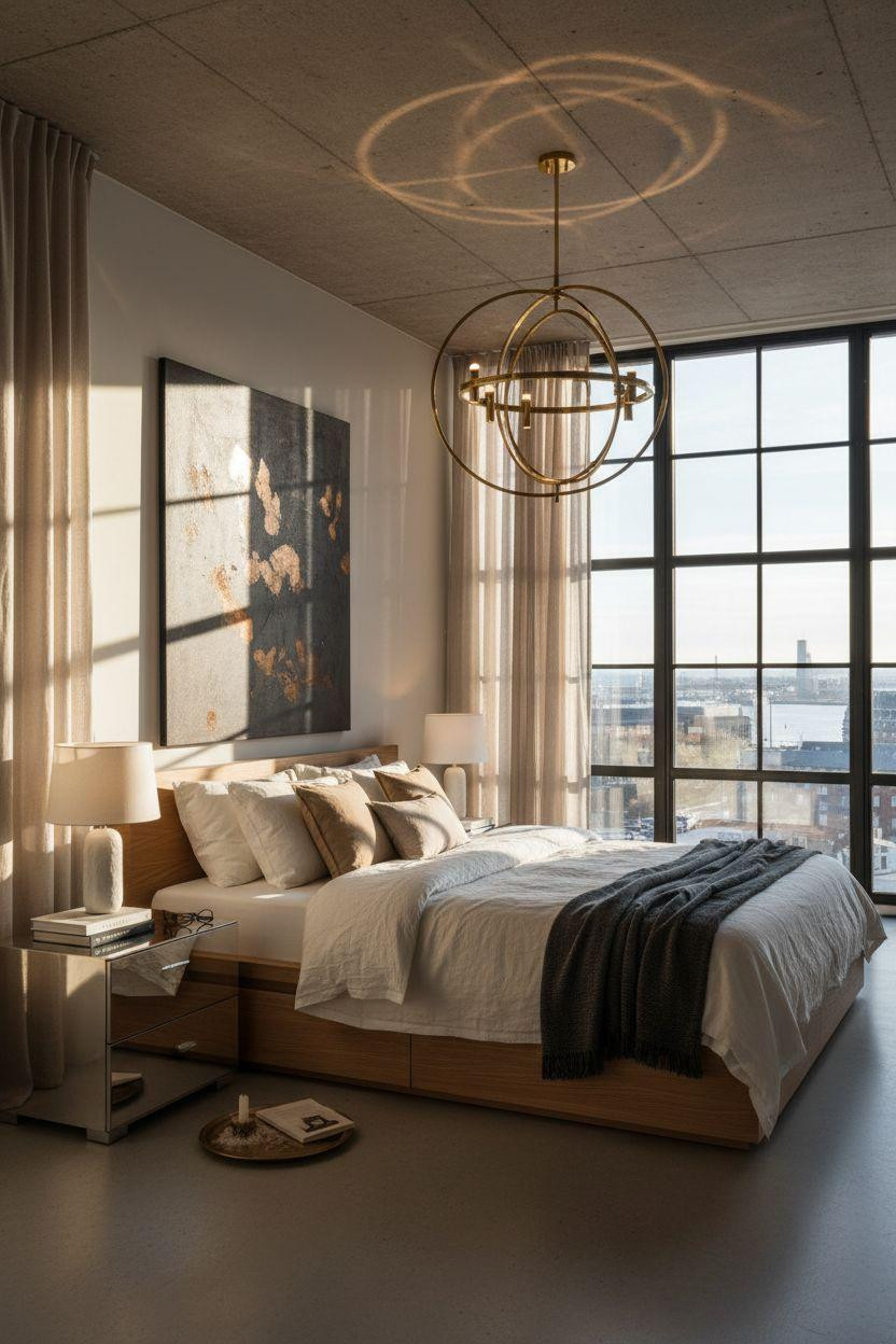 Master Bedrooms Decor - Modern luxury bedroom with geometric chandelier