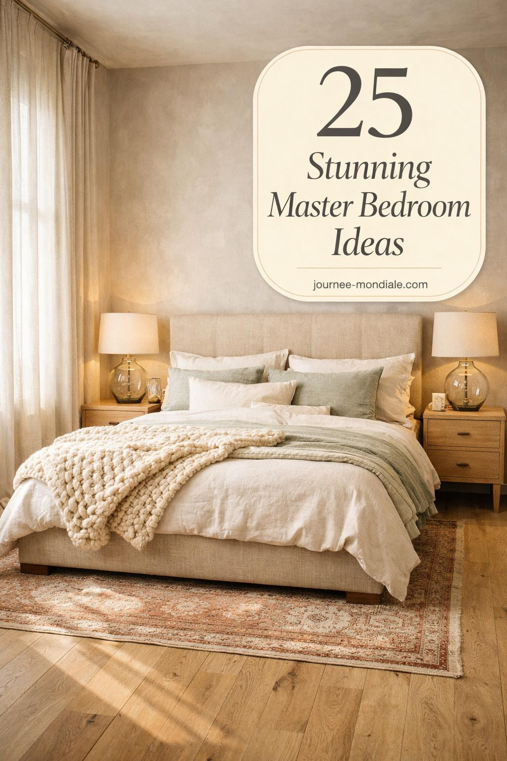 Sophisticated master bedroom featuring upholstered sand linen headboard, ivory bedding, white oak nightstands with brass hardware, greige plaster walls, and vintage Persian runner