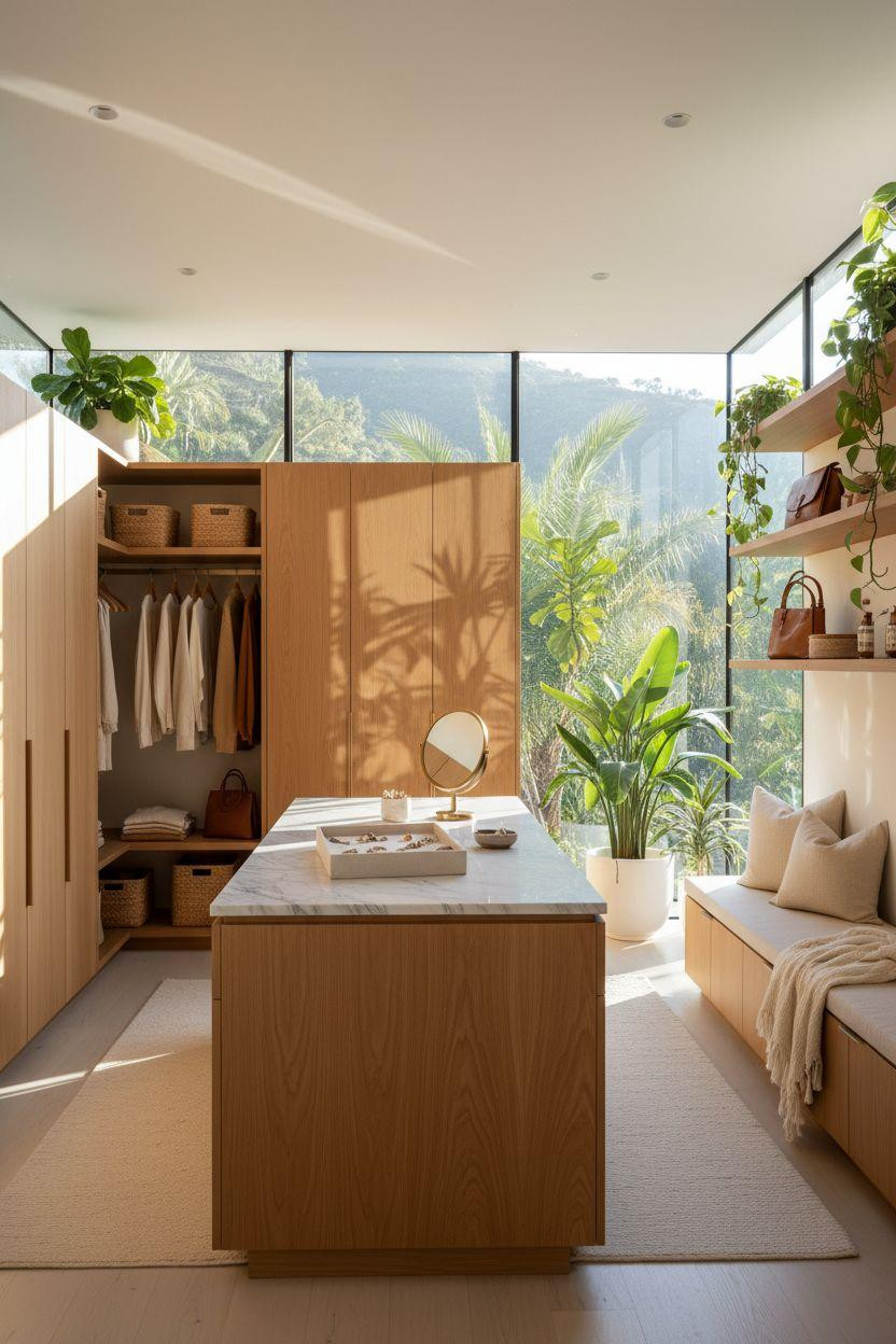 Master closet design with plants and natural materials