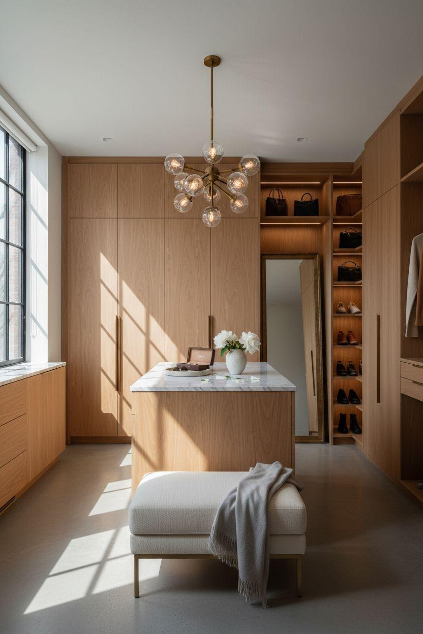 Master closet design with dramatic statement lighting