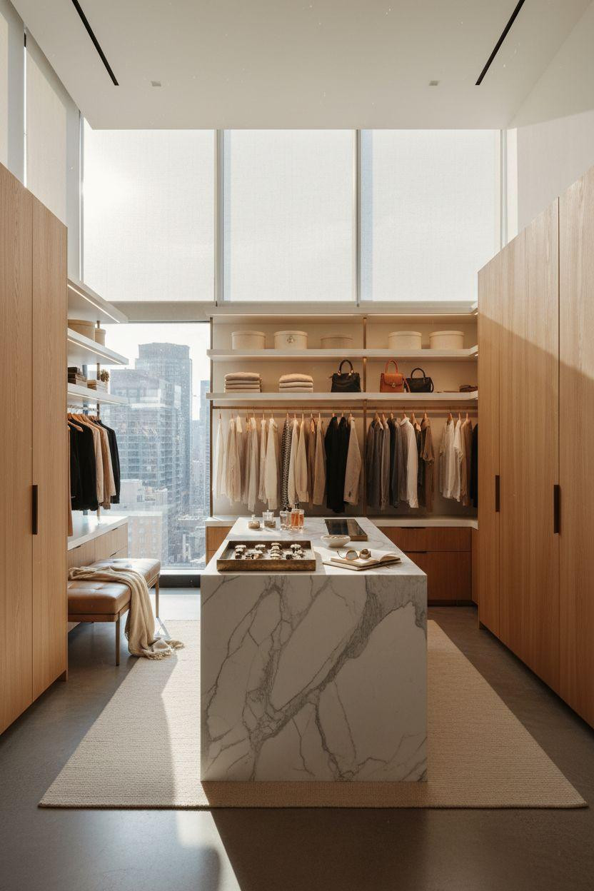 Master closet design with clean modern layout and city views