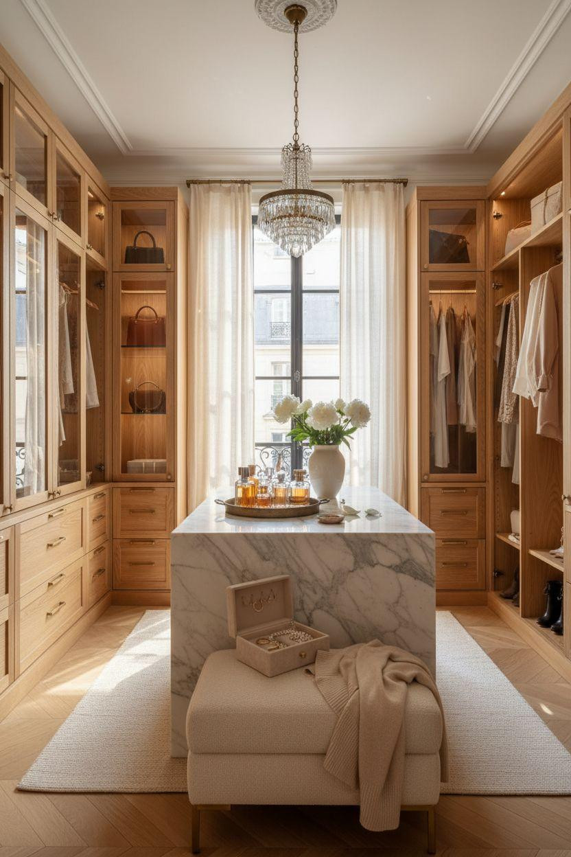 Master closet design with tall ceilings and marble center island