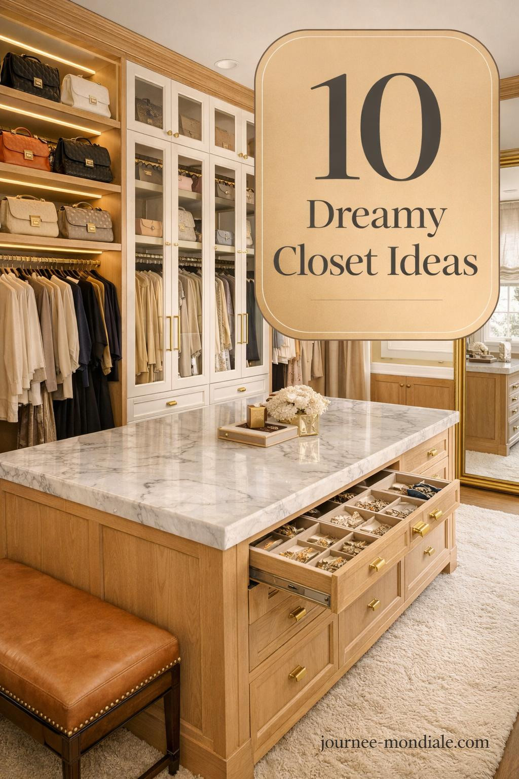Walk-in closet with white oak millwork, Carrara marble island, velvet-lined drawers, organized designer clothing, brass hardware