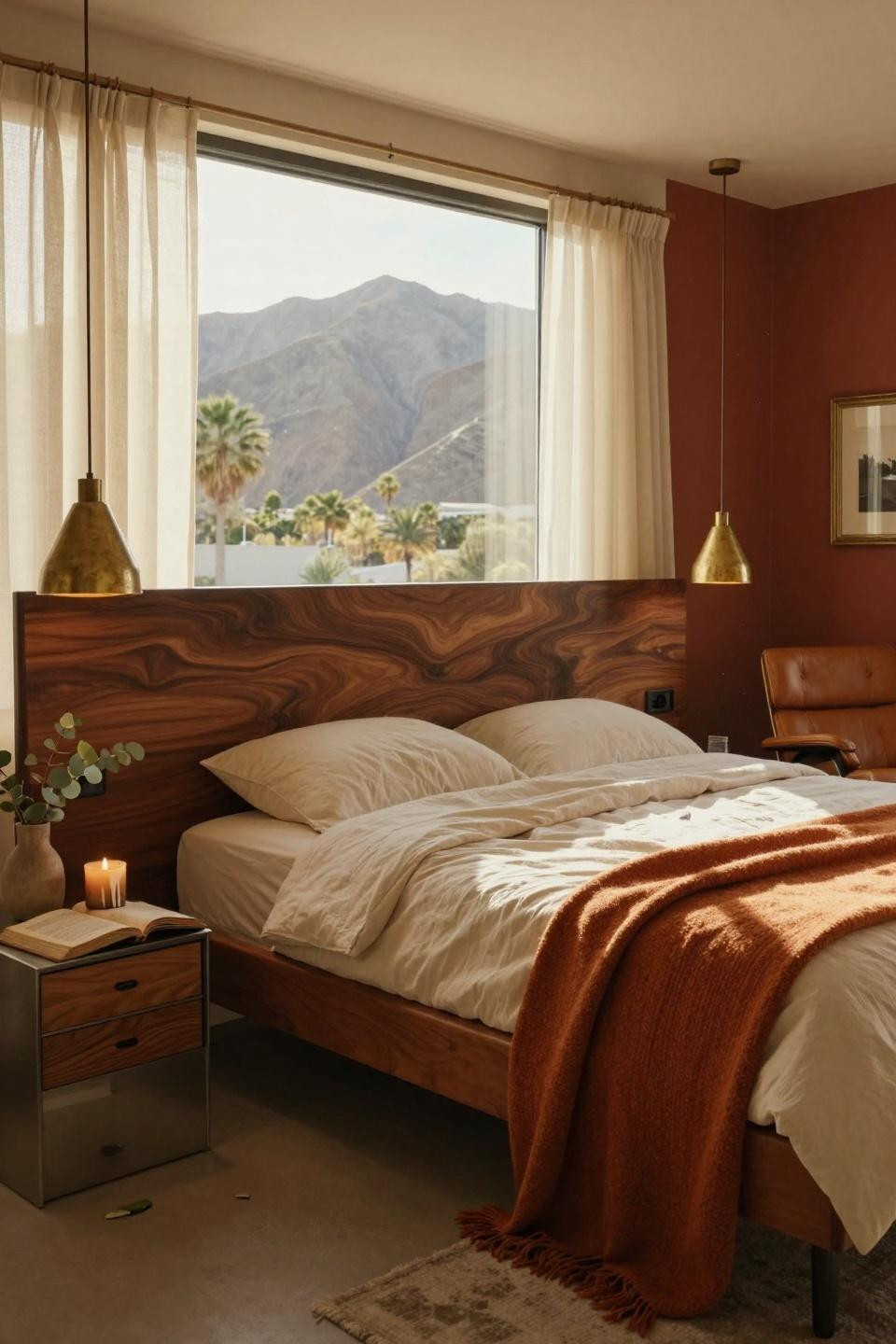 Mcm Bedroom Ideas - walnut headboard with unlacquered brass pendant lights