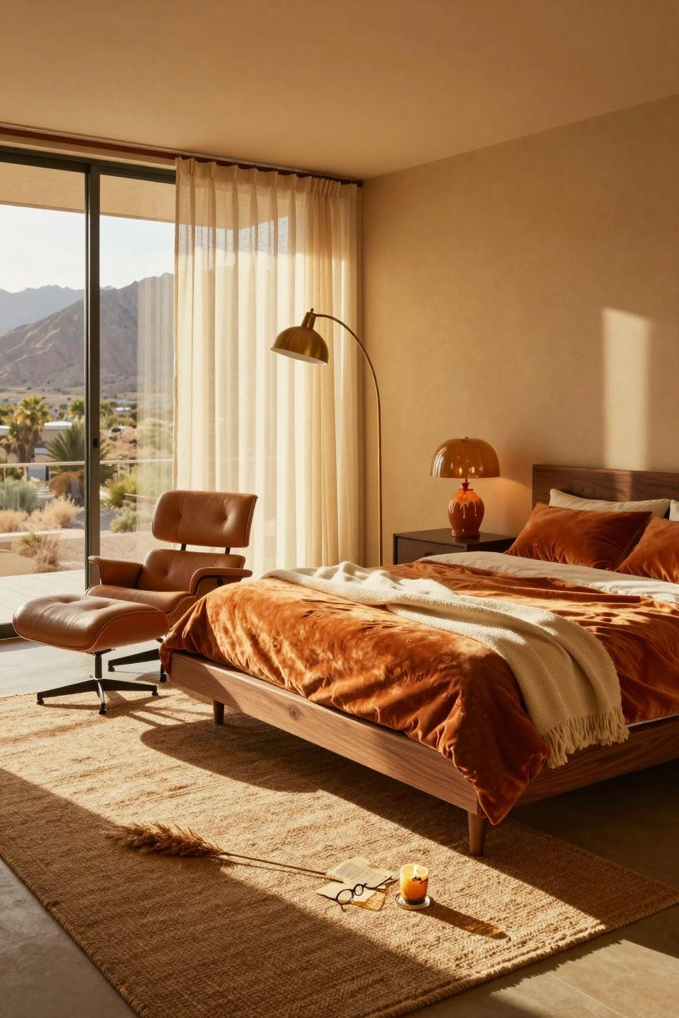 Mcm Bedroom Ideas - walnut bed with ochre walls and cognac leather chair