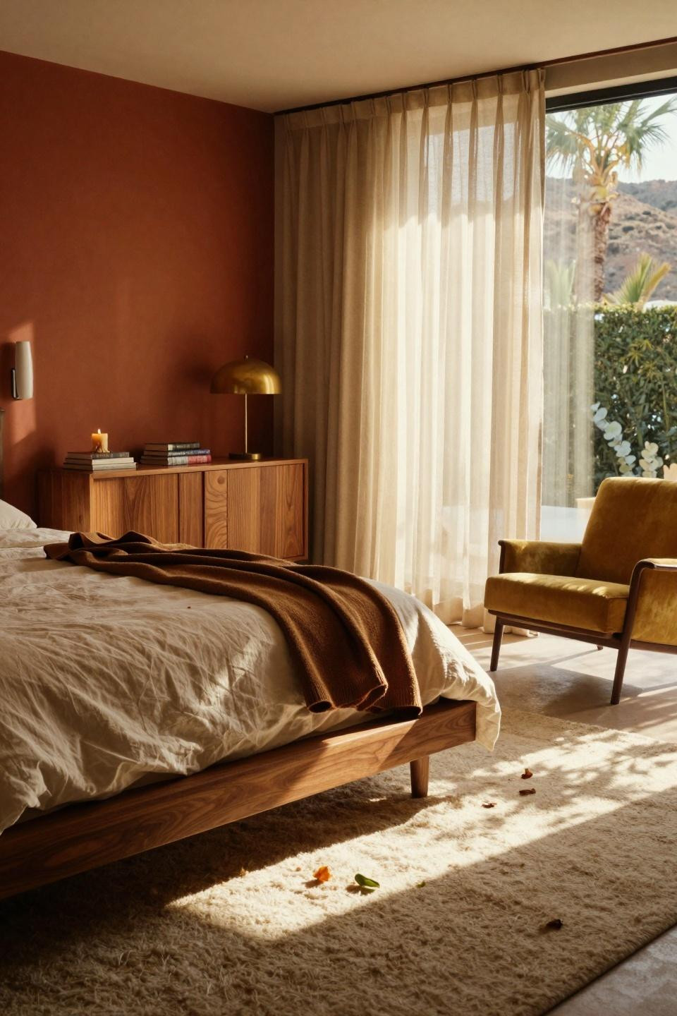 Mcm Bedroom Ideas - terracotta accent wall with mustard velvet lounge chair