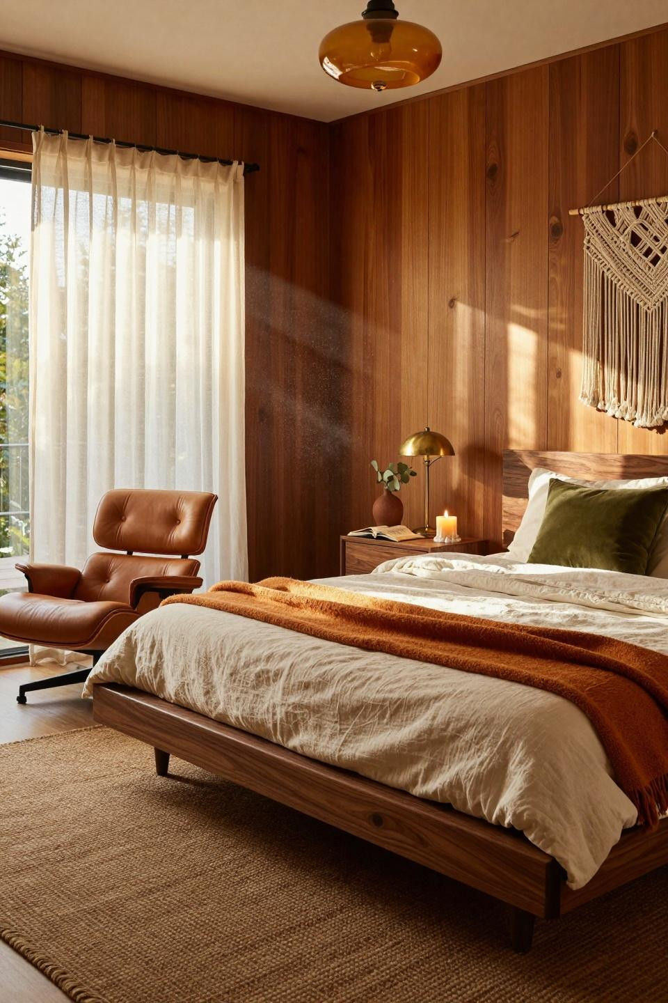 Mcm Bedroom Ideas - walnut platform bed with macramé and olive green accents